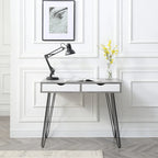 Bureau gris en bois dur, style milieu de siècle, avec pieds épingles noirs et 2 tiroirs pour 1 personne