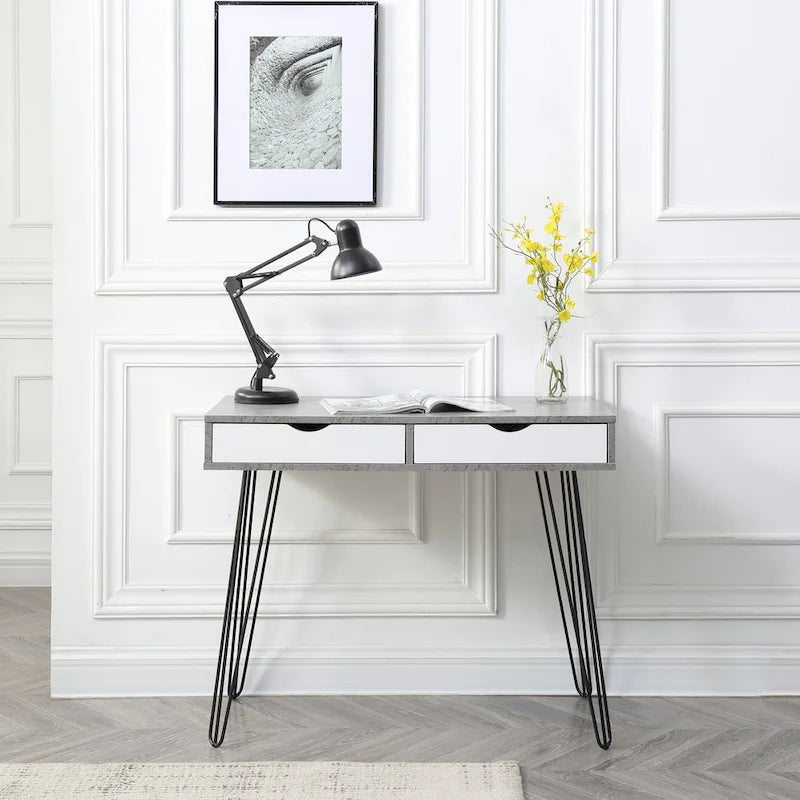 Bureau gris en bois dur, style milieu de siècle, avec pieds épingles noirs et 2 tiroirs pour 1 personne