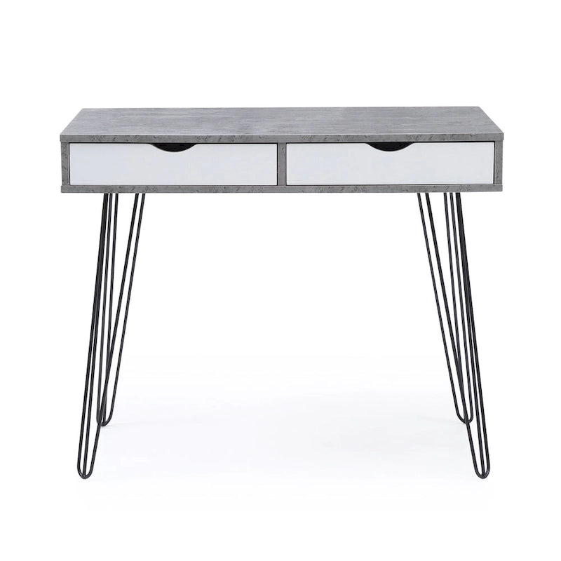 Bureau gris en bois dur, style milieu de siècle, avec pieds épingles noirs et 2 tiroirs pour 1 personne