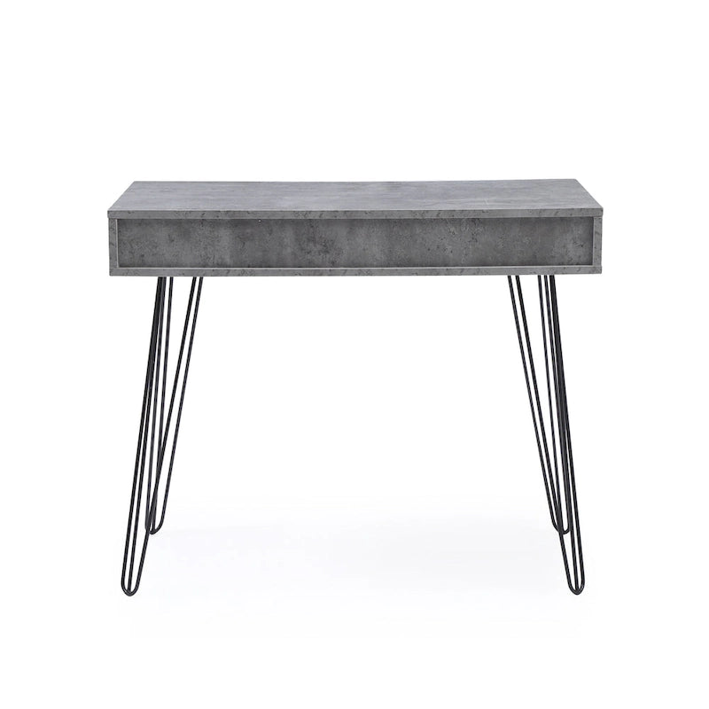 Bureau gris en bois dur, style milieu de siècle, avec pieds épingles noirs et 2 tiroirs pour 1 personne