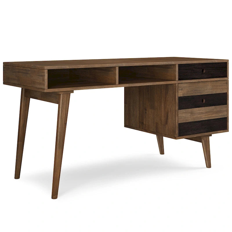 Bureau rustique en bois d'acacia massif brun vieilli de 60 pouces avec 2 tiroirs et 2 compartiments ouverts pour 1