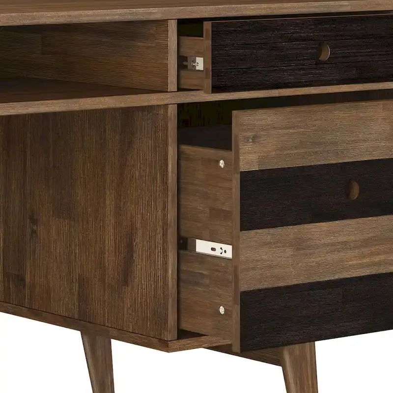 Bureau rustique en bois d'acacia massif brun vieilli de 60 pouces avec 2 tiroirs et 2 compartiments ouverts pour 1