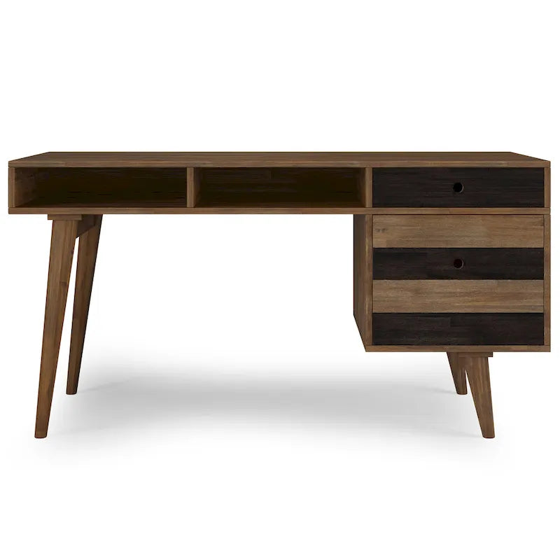 Bureau rustique en bois d'acacia massif brun vieilli de 60 pouces avec 2 tiroirs et 2 compartiments ouverts pour 1