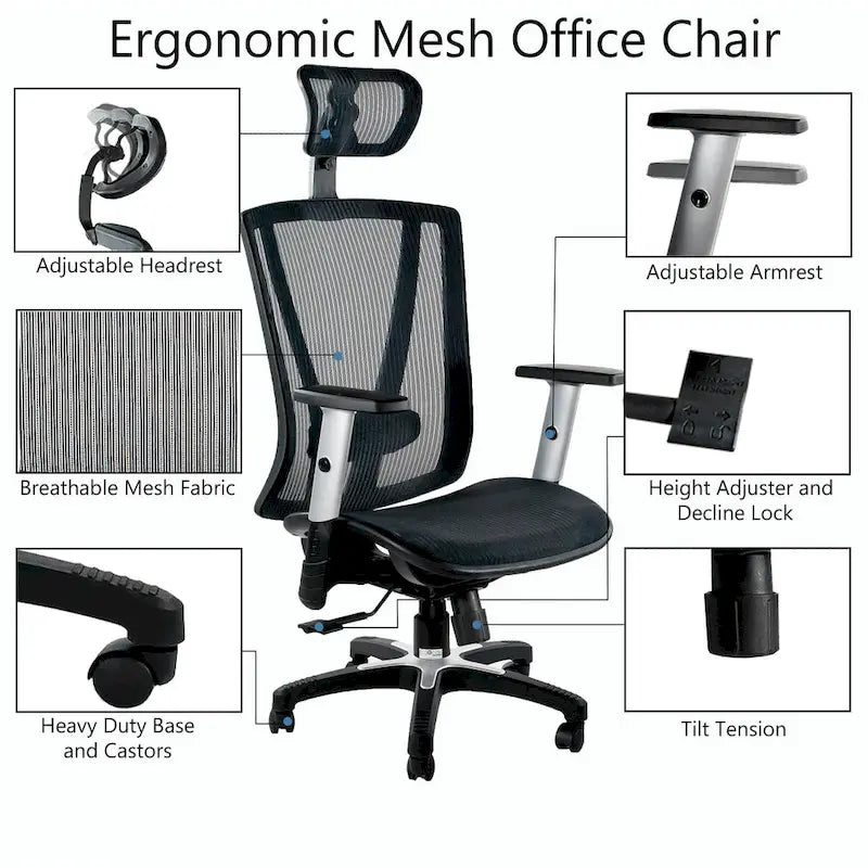 Chaise de bureau ergonomique à dossier haut en maille marron avec appui-tête et accoudoirs réglables pour 1