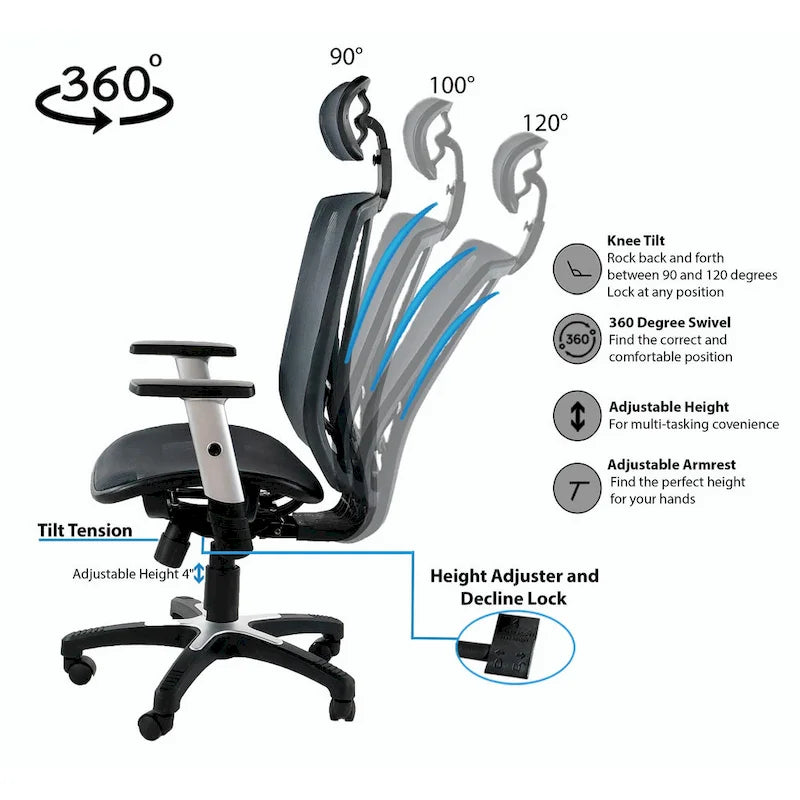 Chaise de bureau ergonomique à dossier haut en maille marron avec appui-tête et accoudoirs réglables pour 1