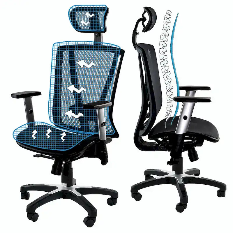Chaise de bureau ergonomique à dossier haut en maille marron avec appui-tête et accoudoirs réglables pour 1