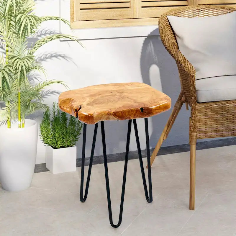 Petite table d'appoint – Bois de cèdre naturel avec pieds épingles noirs, une personne