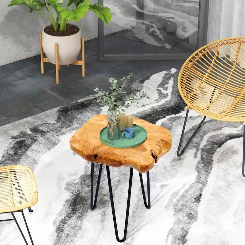 Petite table d'appoint – Bois de cèdre naturel avec pieds épingles noirs, une personne