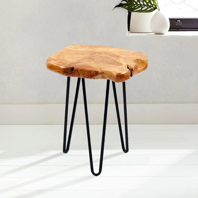 Petite table d'appoint – Bois de cèdre naturel avec pieds épingles noirs, une personne