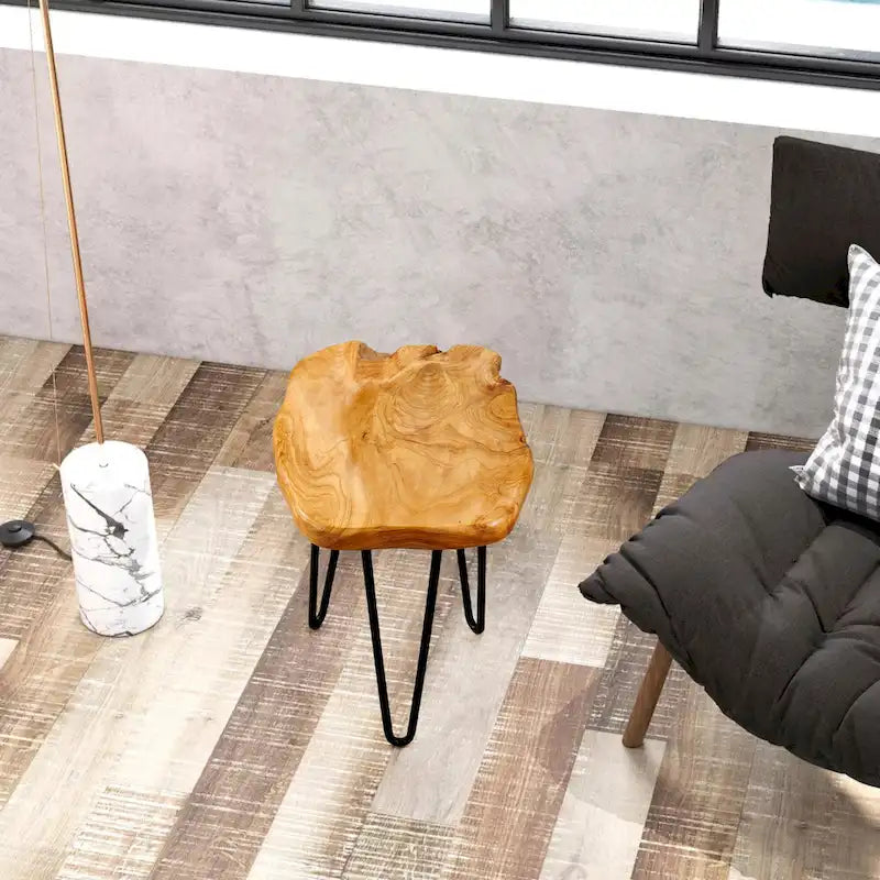 Petite table d'appoint – Bois de cèdre naturel avec pieds épingles noirs, une personne