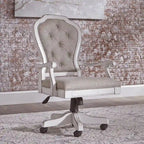 Chaise de bureau exécutive en bois d'hévéa blanc antique et chenille capitonnée, réglable en hauteur, pour 1 personne