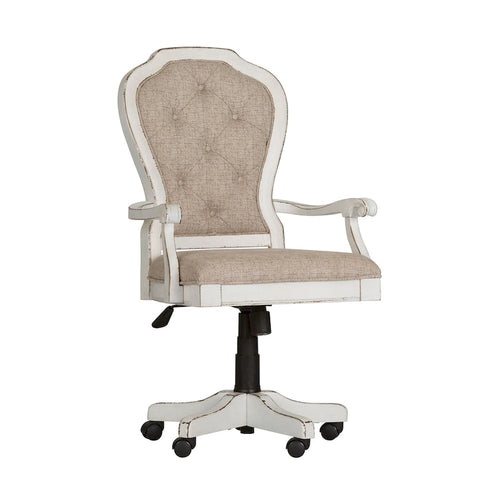 Chaise de bureau exécutive en bois d'hévéa blanc antique et chenille capitonnée, réglable en hauteur, pour 1 personne