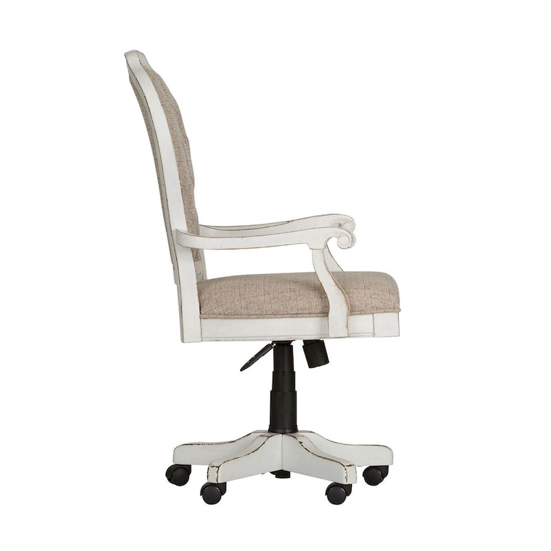 Chaise de bureau exécutive en bois d'hévéa blanc antique et chenille capitonnée, réglable en hauteur, pour 1 personne