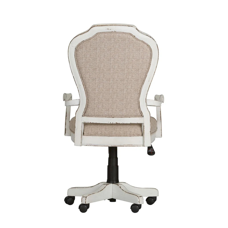 Chaise de bureau exécutive en bois d'hévéa blanc antique et chenille capitonnée, réglable en hauteur, pour 1 personne