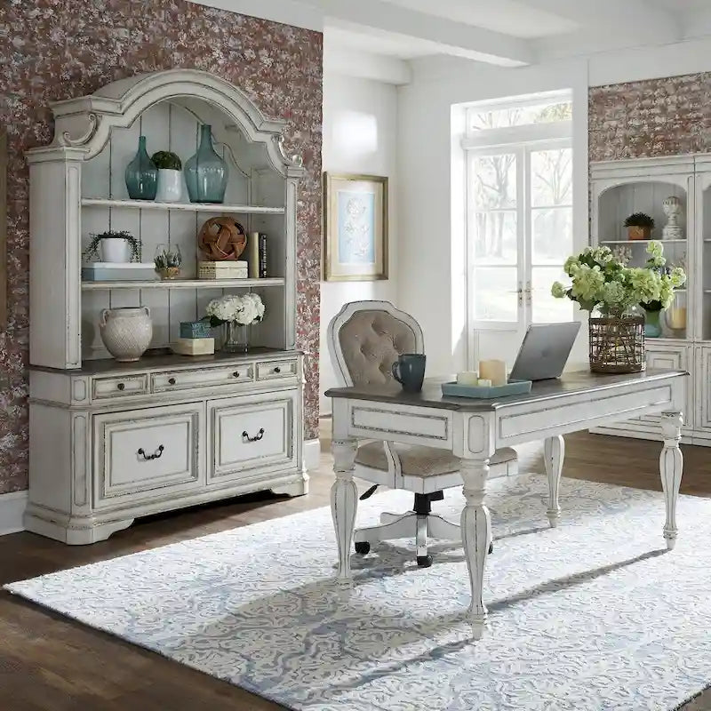 Chaise de bureau exécutive en bois d'hévéa blanc antique et chenille capitonnée, réglable en hauteur, pour 1 personne