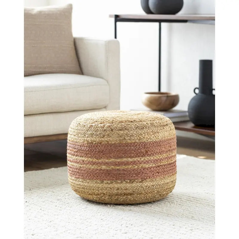 Pouf tissé à rayures style ferme – Marron/Rose / Marron clair/Blanc, Jute & Polybilles style Cottage, Utilisation individuelle