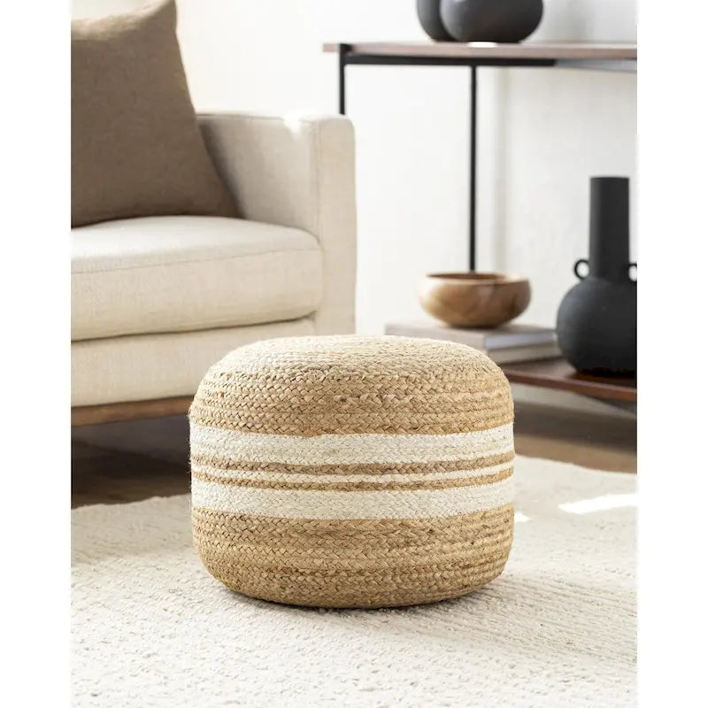 Pouf tissé à rayures style ferme – Marron/Rose / Marron clair/Blanc, Jute & Polybilles style Cottage, Utilisation individuelle