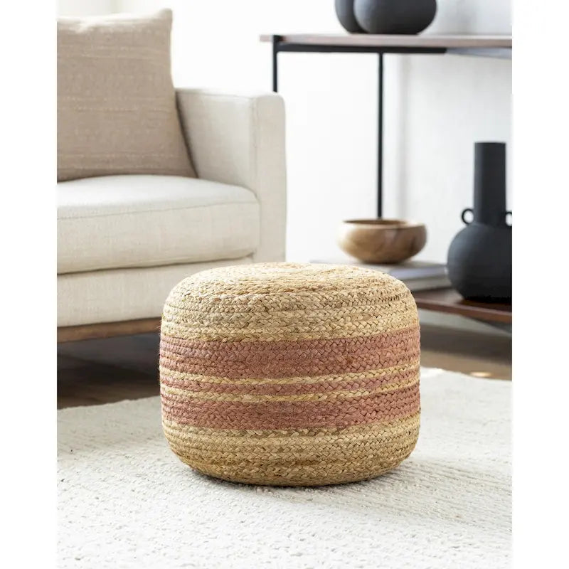 Pouf tissé à rayures style ferme – Marron/Rose / Marron clair/Blanc, Jute & Polybilles style Cottage, Utilisation individuelle