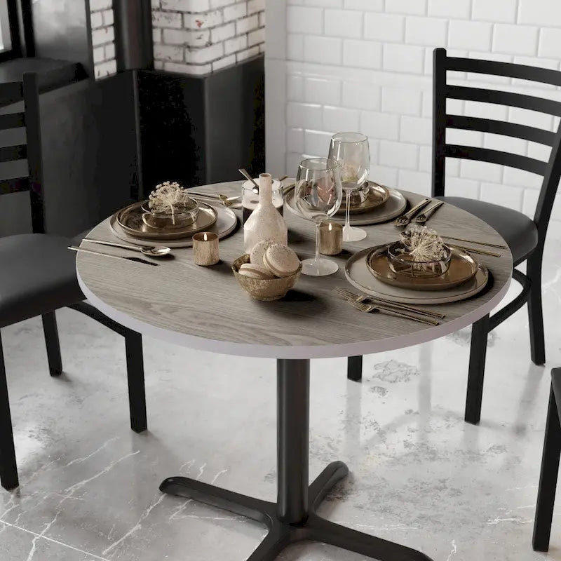 Plateau de table rond réversible en stratifié Noyer naturel/Blanc/Gris pour 4 personnes