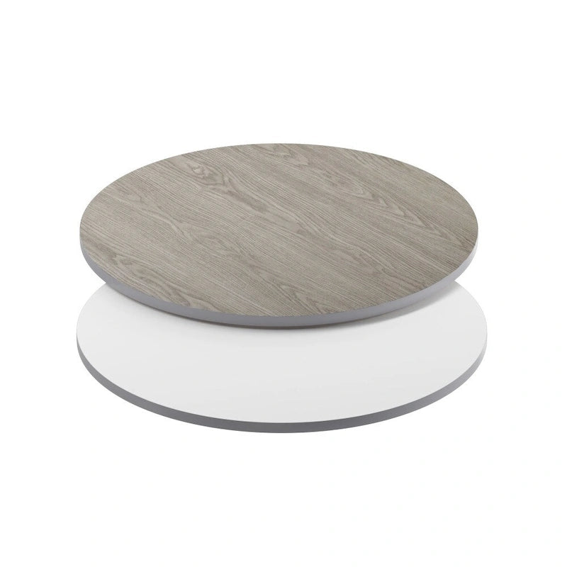 Plateau de table rond réversible en stratifié Noyer naturel/Blanc/Gris pour 4 personnes