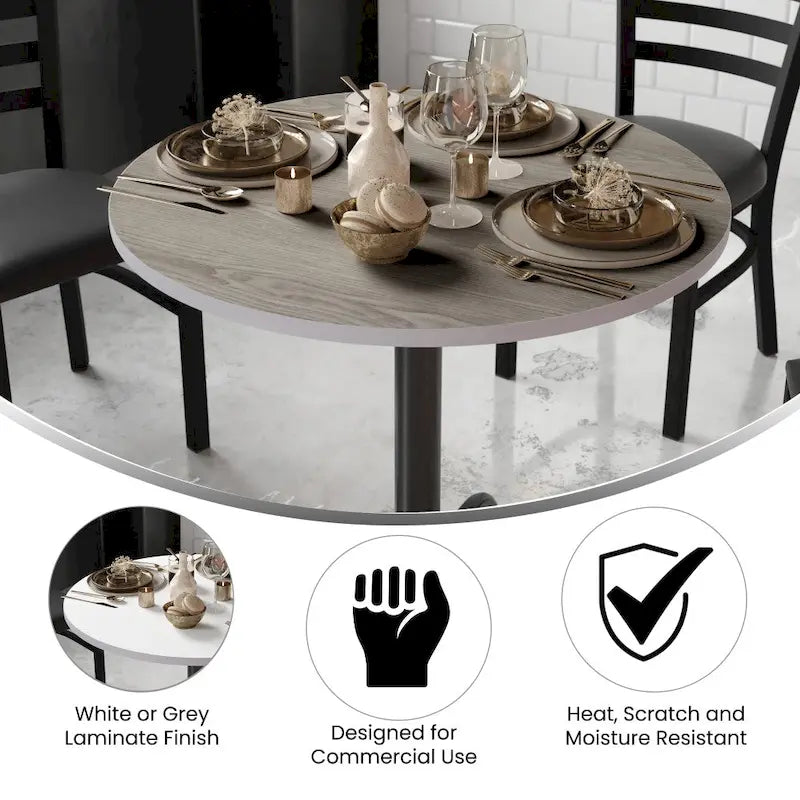 Plateau de table rond réversible en stratifié Noyer naturel/Blanc/Gris pour 4 personnes
