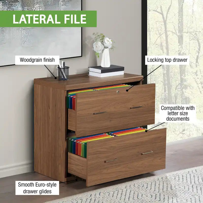 Classeur latéral à 2 tiroirs verrouillables en grain de bois expresso / naturel / blanc / noir pour 1