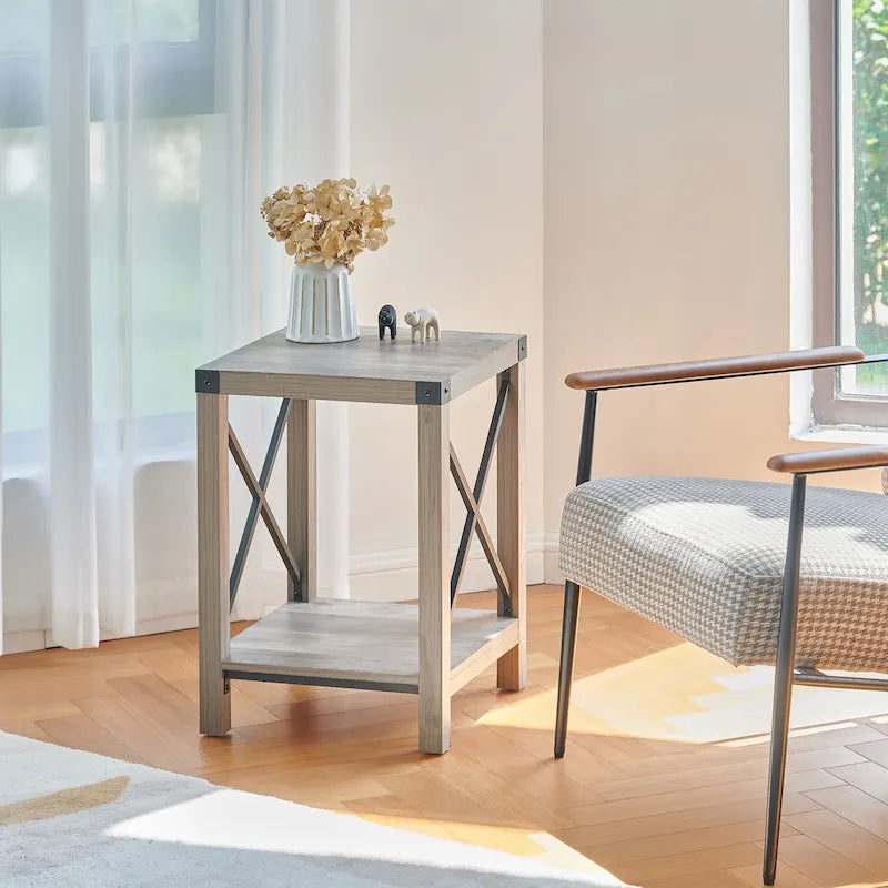 Table d'appoint carrée avec étagère – Gris délavé / Teck, Bois et métal style ferme, Usage individuel