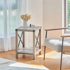 Table d'appoint carrée avec étagère – Gris délavé / Teck, Bois et métal style ferme, Usage individuel