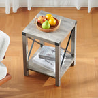 Table d'appoint carrée avec étagère – Gris délavé / Teck, Bois et métal style ferme, Usage individuel
