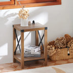 Table d'appoint carrée avec étagère – Gris délavé / Teck, Bois et métal style ferme, Usage individuel