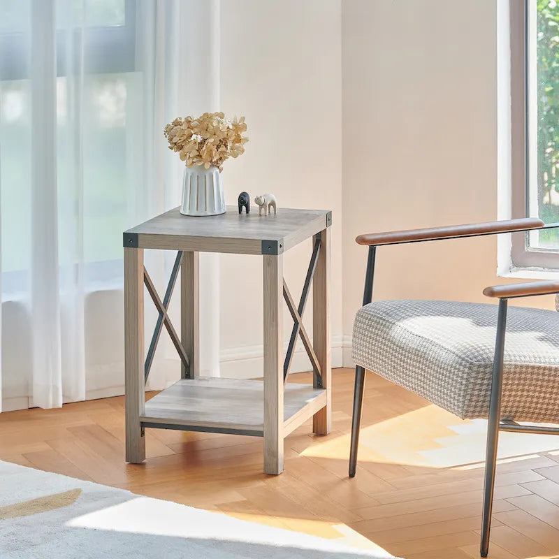 Table d'appoint carrée avec étagère – Gris délavé / Teck, Bois et métal style ferme, Usage individuel