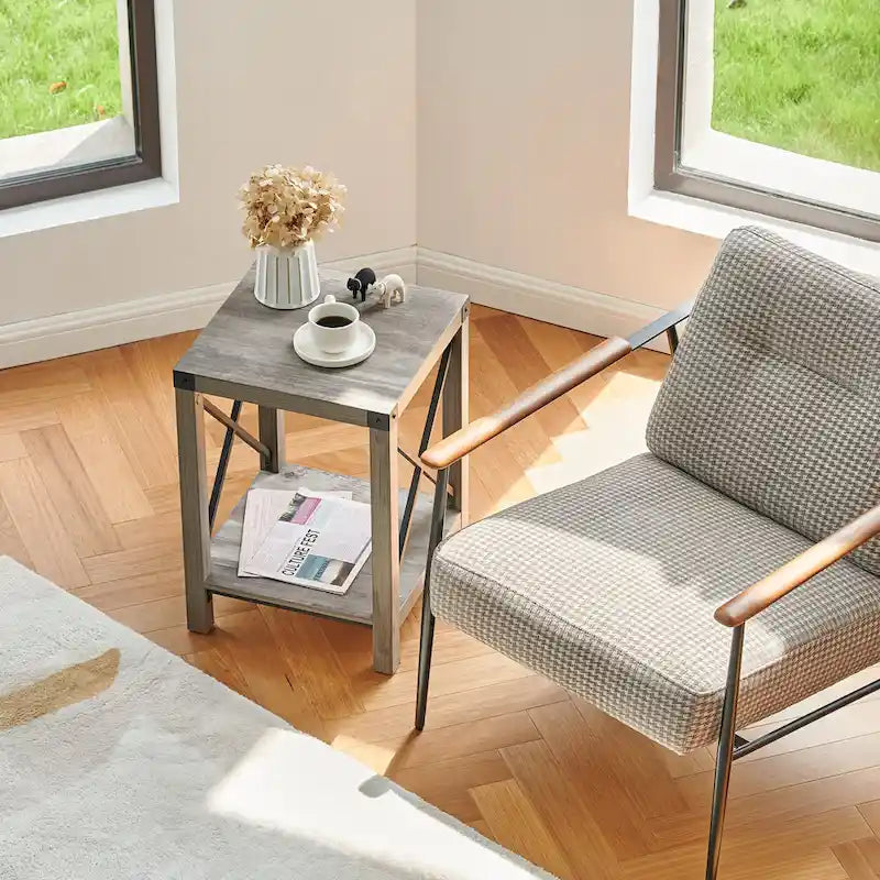 Table d'appoint carrée avec étagère – Gris délavé / Teck, Bois et métal style ferme, Usage individuel