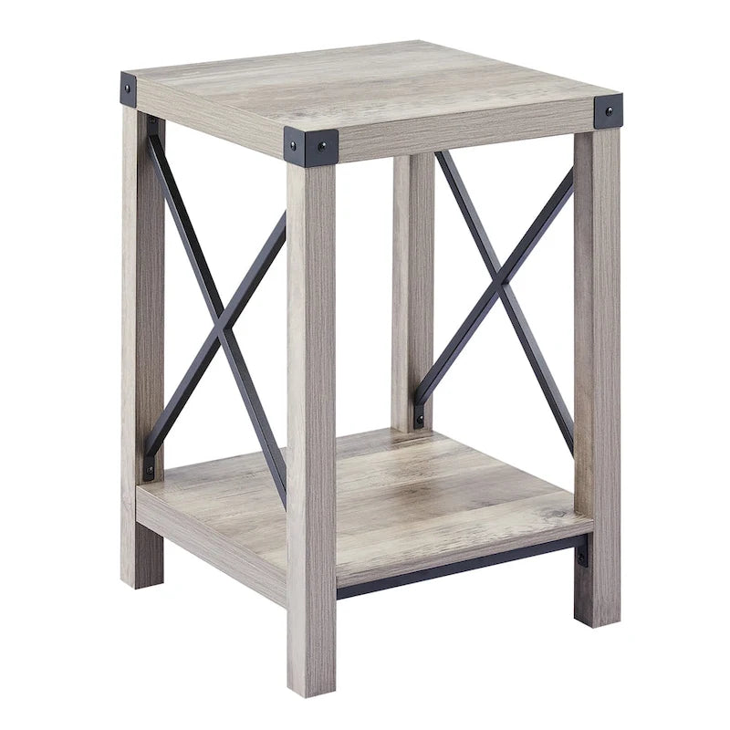 Table d'appoint carrée avec étagère – Gris délavé / Teck, Bois et métal style ferme, Usage individuel