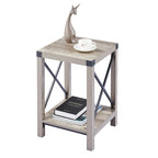 Table d'appoint carrée avec étagère – Gris délavé / Teck, Bois et métal style ferme, Usage individuel