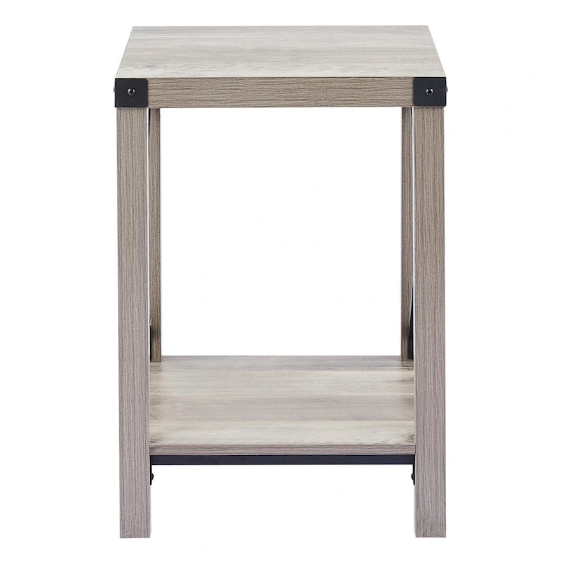 Table d'appoint carrée avec étagère – Gris délavé / Teck, Bois et métal style ferme, Usage individuel