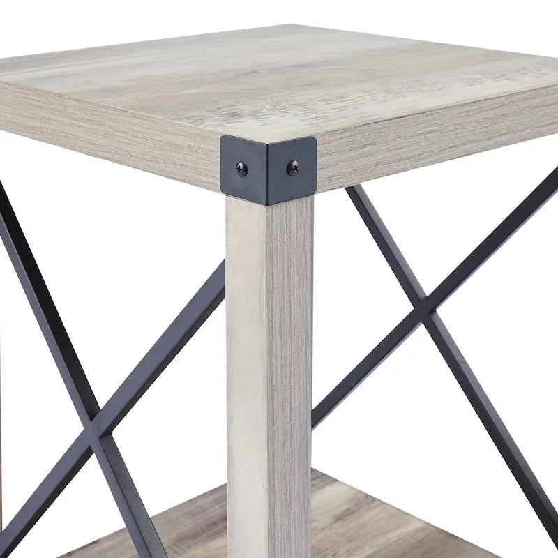 Table d'appoint carrée avec étagère – Gris délavé / Teck, Bois et métal style ferme, Usage individuel