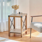 Table d'appoint carrée avec étagère – Gris délavé / Teck, Bois et métal style ferme, Usage individuel