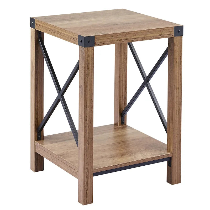 Table d'appoint carrée avec étagère – Gris délavé / Teck, Bois et métal style ferme, Usage individuel