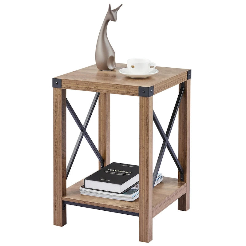 Table d'appoint carrée avec étagère – Gris délavé / Teck, Bois et métal style ferme, Usage individuel