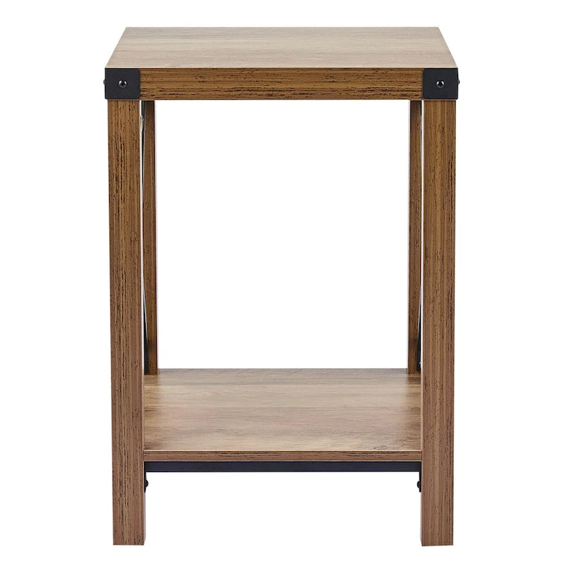 Table d'appoint carrée avec étagère – Gris délavé / Teck, Bois et métal style ferme, Usage individuel