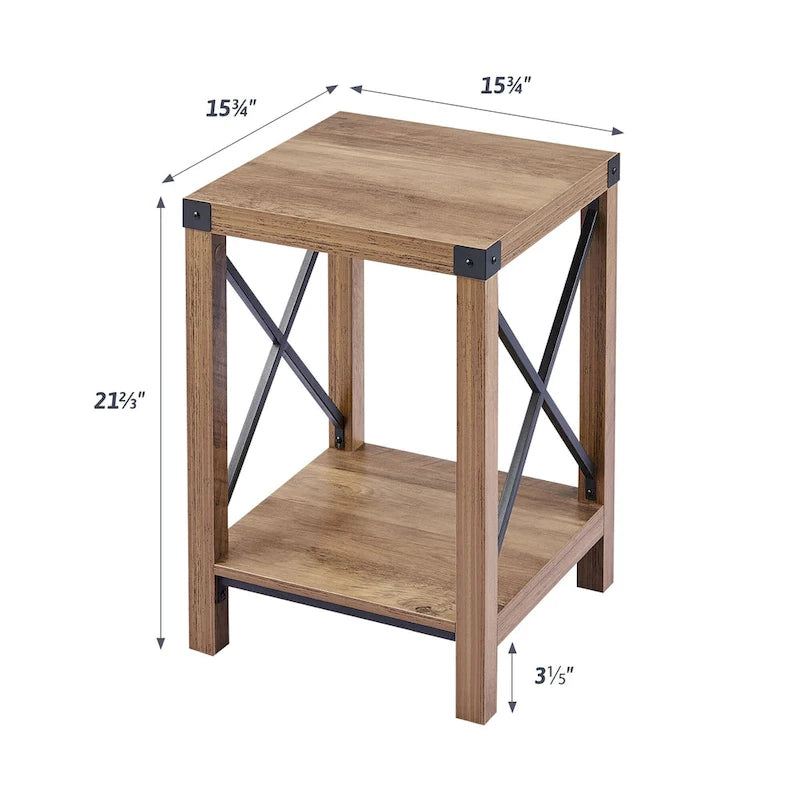 Table d'appoint carrée avec étagère – Gris délavé / Teck, Bois et métal style ferme, Usage individuel