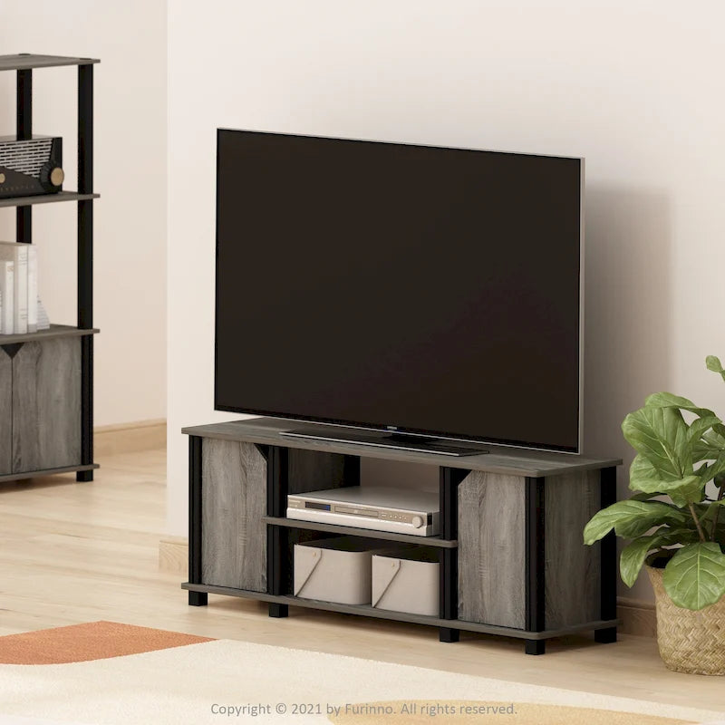 Meuble TV avec étagères ouvertes et 2 portes d'armoire – Chêne français et noir / Espresso et noir, Bois composite moderne, 1 à 2 utilisateurs