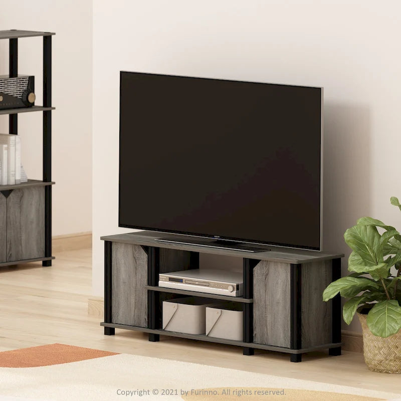 Meuble TV avec étagères ouvertes et 2 portes d'armoire – Chêne français et noir / Espresso et noir, Bois composite moderne, 1 à 2 utilisateurs