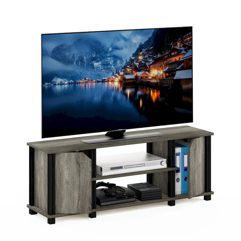 Meuble TV avec étagères ouvertes et 2 portes d'armoire – Chêne français et noir / Espresso et noir, Bois composite moderne, 1 à 2 utilisateurs