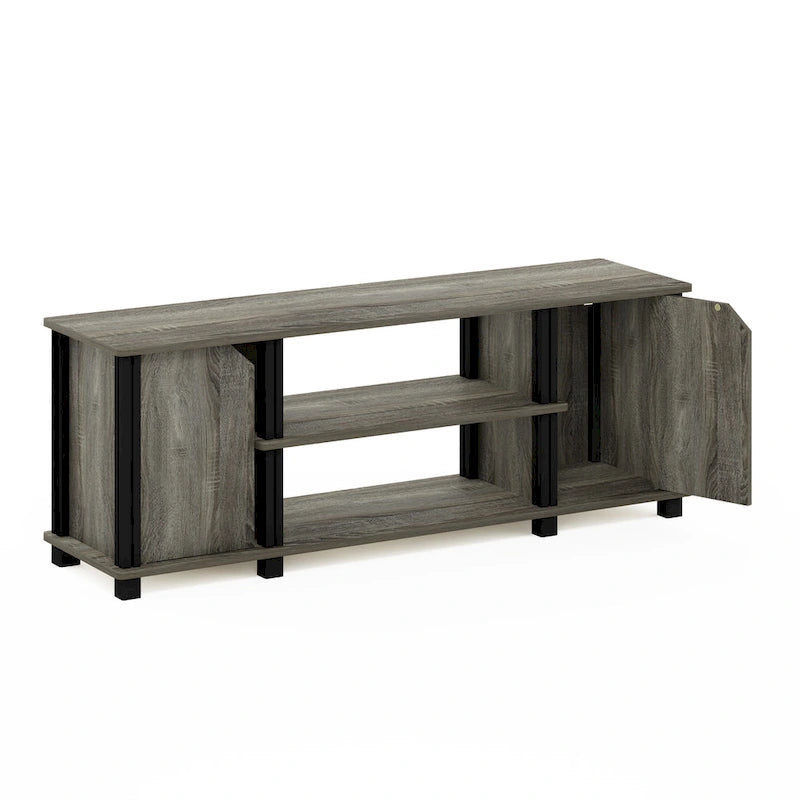 Meuble TV avec étagères ouvertes et 2 portes d'armoire – Chêne français et noir / Espresso et noir, Bois composite moderne, 1 à 2 utilisateurs