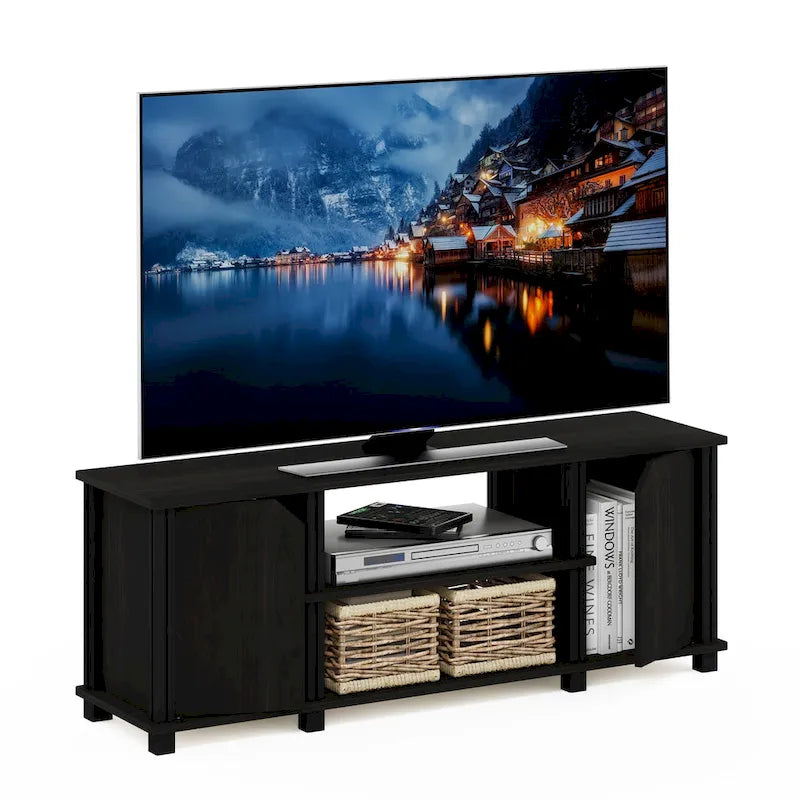 Meuble TV avec étagères ouvertes et 2 portes d'armoire – Chêne français et noir / Espresso et noir, Bois composite moderne, 1 à 2 utilisateurs