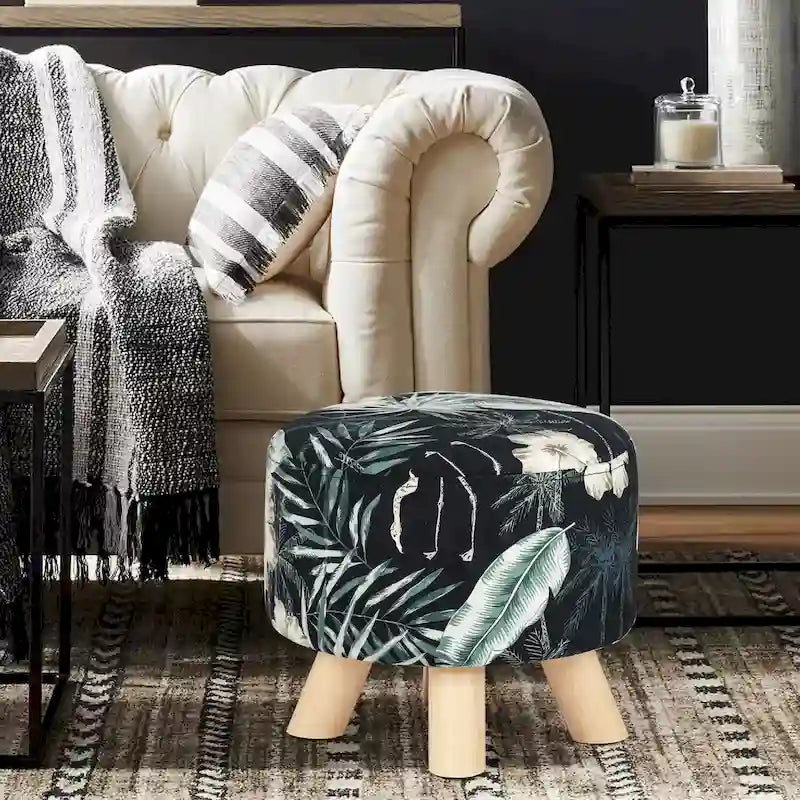 Repose-pieds rond en velours ottoman – Floral, Rembourrage moderne en mousse et pieds en bois massif, Utilisateur unique