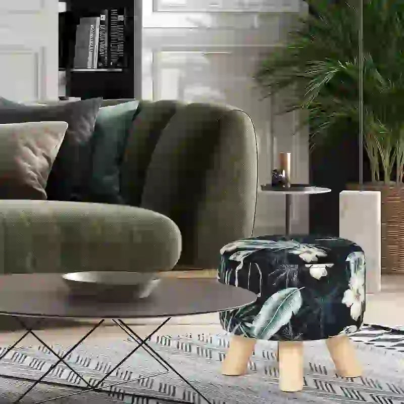 Repose-pieds rond en velours ottoman – Floral, Rembourrage moderne en mousse et pieds en bois massif, Utilisateur unique