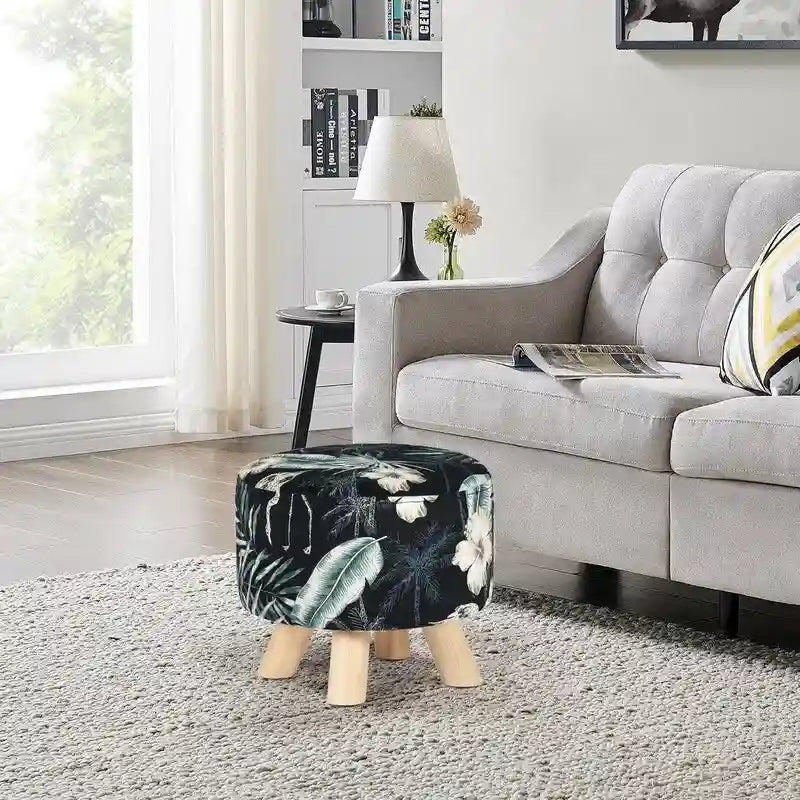 Repose-pieds rond en velours ottoman – Floral, Rembourrage moderne en mousse et pieds en bois massif, Utilisateur unique
