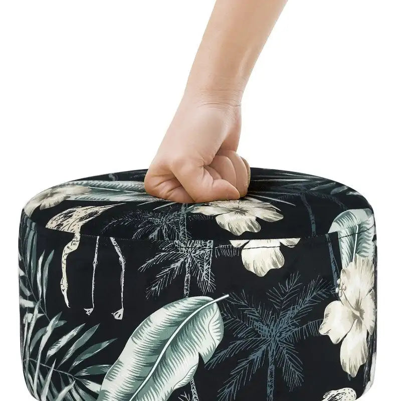Repose-pieds rond en velours ottoman – Floral, Rembourrage moderne en mousse et pieds en bois massif, Utilisateur unique